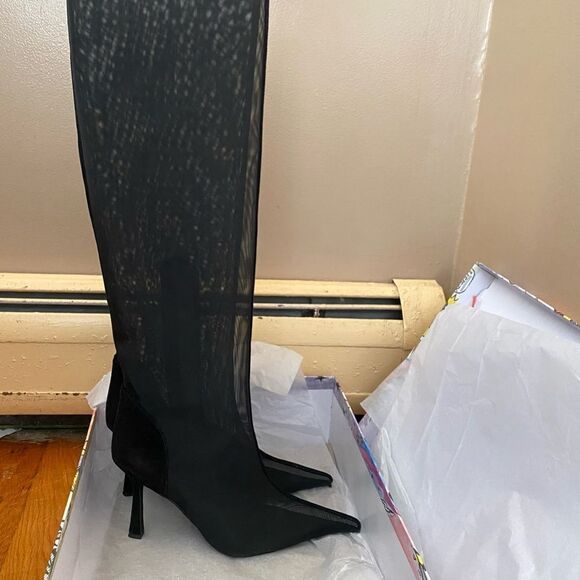 Jeffrey Campbell Revolve Peepshow Boots Black mesh suede high heels shoes 9 FLAW - Picture 7 of 15